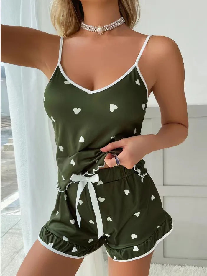 2024 Summer Pajama Set Large Size Vest Shorts Women's Suspenders Soft Casual Cute Printed Women pajamas set