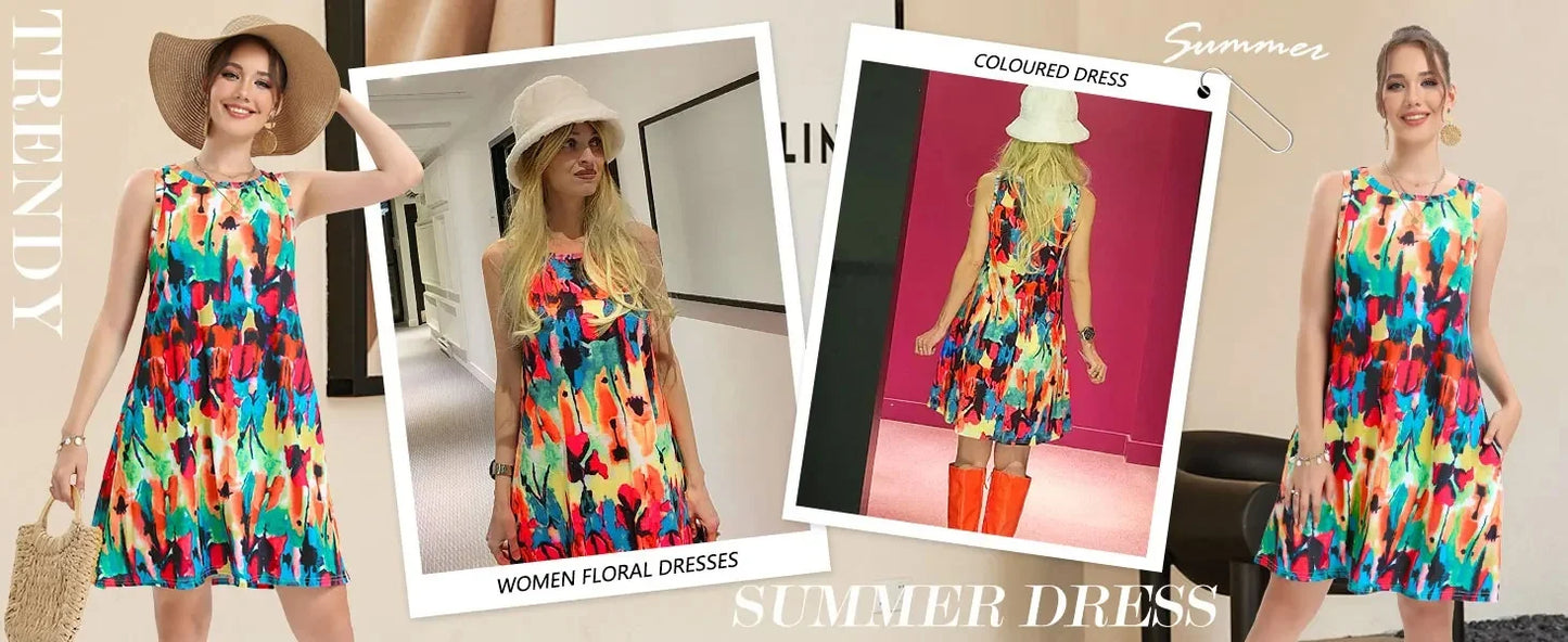 Bohemian Print New Casual Sleeveless Long Women's Round Neck Dress Retro Dress Sweetheart Rustic Country Sleeveless Dress