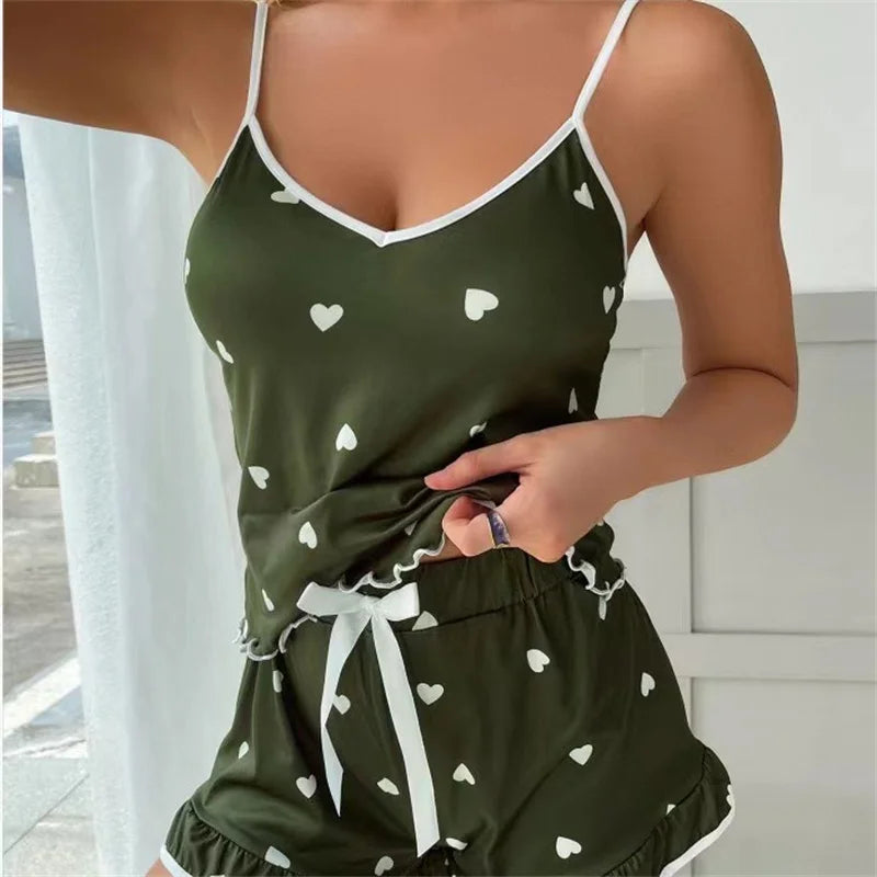 2024 Summer Pajama Set Large Size Vest Shorts Women's Suspenders Soft Casual Cute Printed Women pajamas set