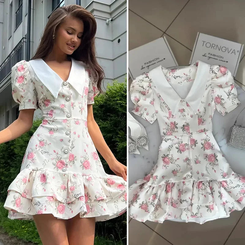 Tornova Print Puff Sleeves Ruffled Dress Women's V-Neck High Waist Pearl Buttons Mini Dress Female Casual Vacation Fashion Dress