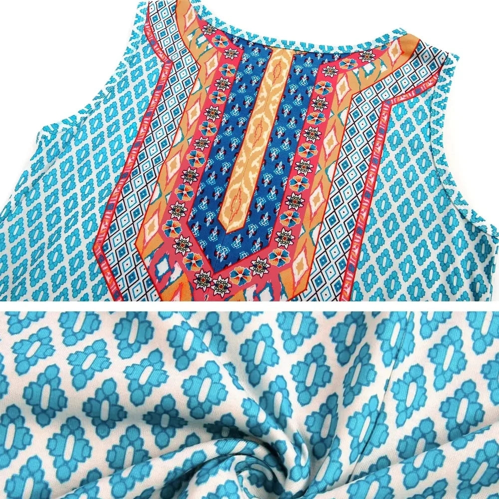 Bohemian Print New Casual Sleeveless Long Women's Round Neck Dress Retro Dress Sweetheart Rustic Country Sleeveless Dress