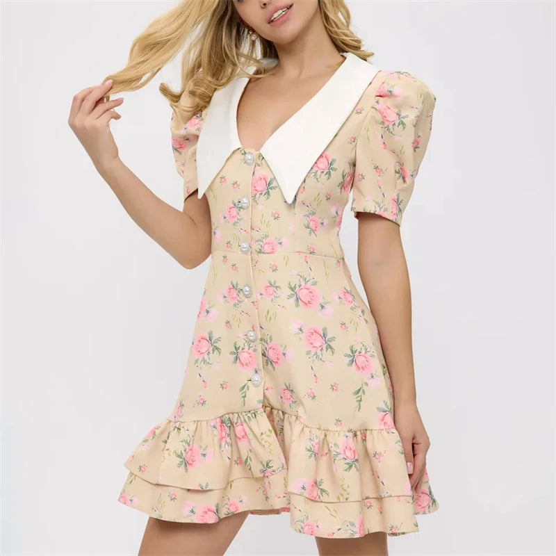 Tornova Print Puff Sleeves Ruffled Dress Women's V-Neck High Waist Pearl Buttons Mini Dress Female Casual Vacation Fashion Dress