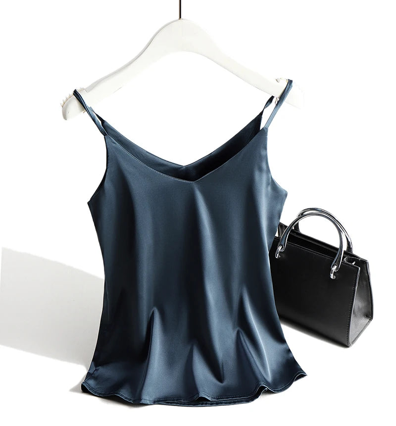 AOSSVIAO 2025 Spaghetti Strap Top Women Halter V Neck Basic White Cami Sleeveless Satin Silk Tank Tops Women'S Summer Camisole