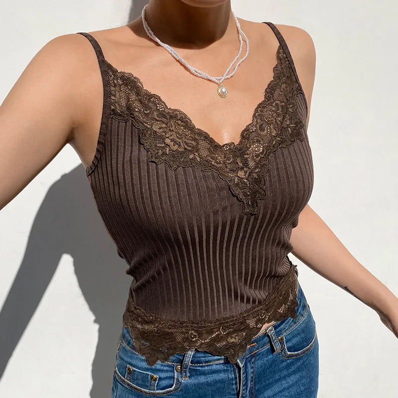 Gothic Basic Bodycon Women Camis Grunge Punk Black Casual Lace Trim Crop Tops Ribbed Backless Alt Clothes Summer