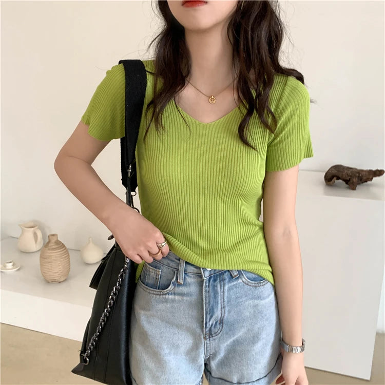 AOSSVIAO 2025 Basic V-neck Solid Thin Summer Pullover Women Female Knitted Ribbed Sweater Slim Short Sleeve Bodycon Sweater