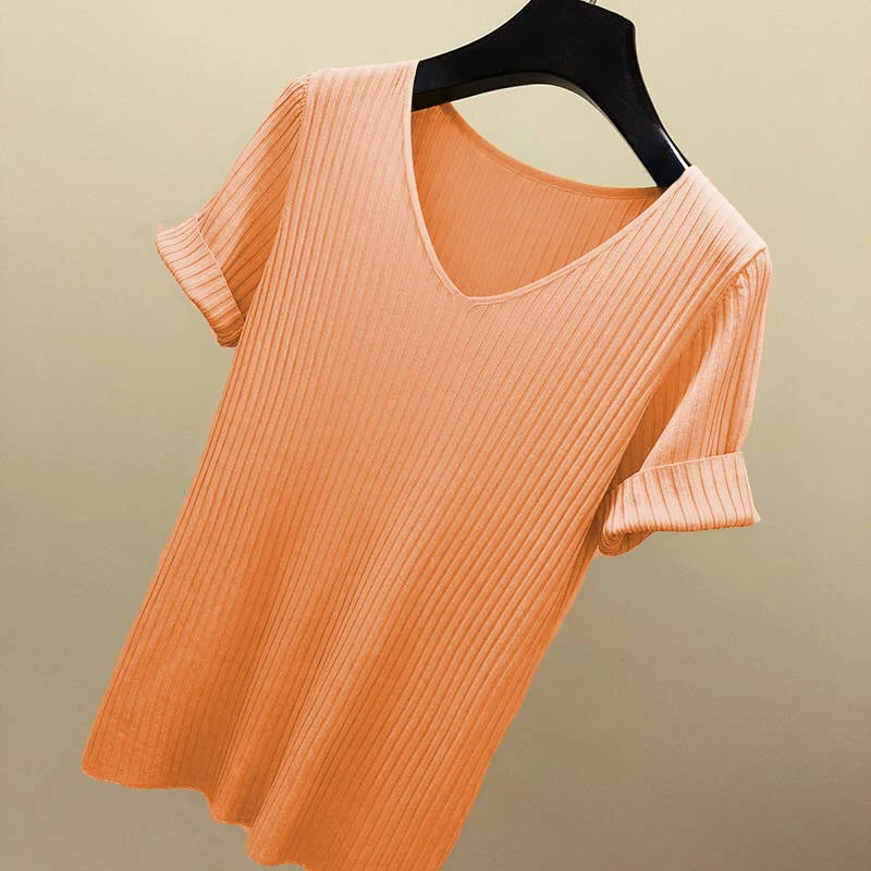 Knitted short sleeve Women V-Neck T Shirts 2025 Blue Slim Black thin knit Orange Tops Ladies Summer Camiseta Summer T shirts