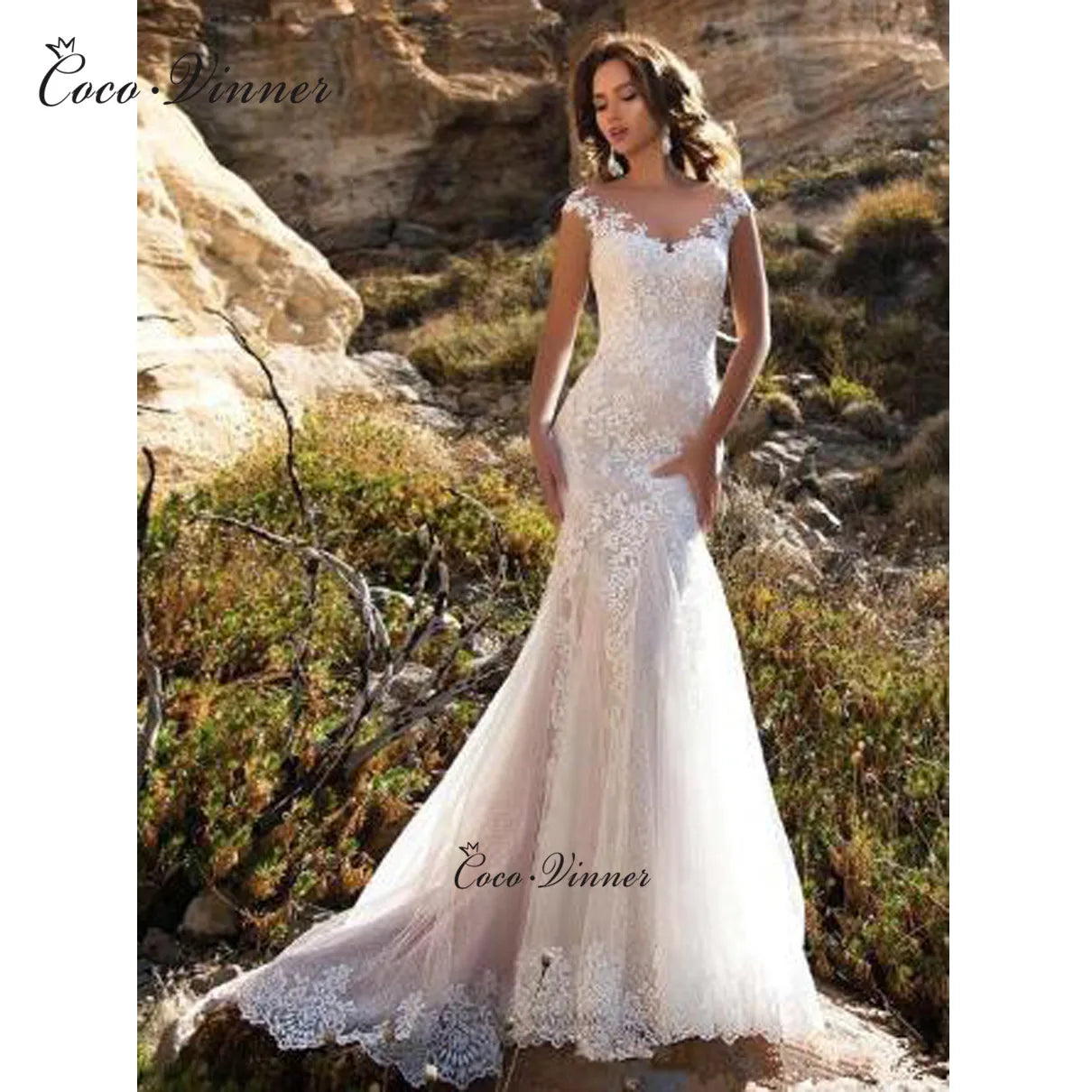 Customized Lace Mermaid Wedding Dresses 2025 Europe Short Sleeves Lace Appliques Illusion Bohemia Wedding Dress For Woman W0484