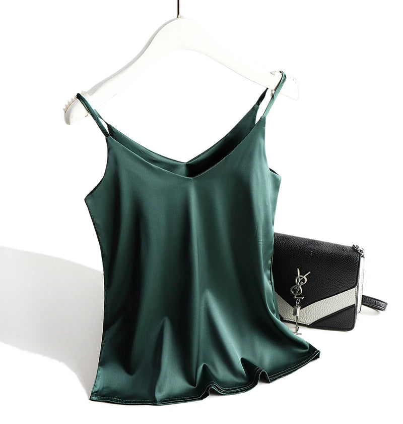 AOSSVIAO 2025 Spaghetti Strap Top Women Halter V Neck Basic White Cami Sleeveless Satin Silk Tank Tops Women'S Summer Camisole