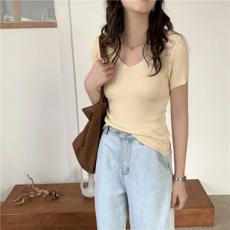 AOSSVIAO 2025 Basic V-neck Solid Thin Summer Pullover Women Female Knitted Ribbed Sweater Slim Short Sleeve Bodycon Sweater