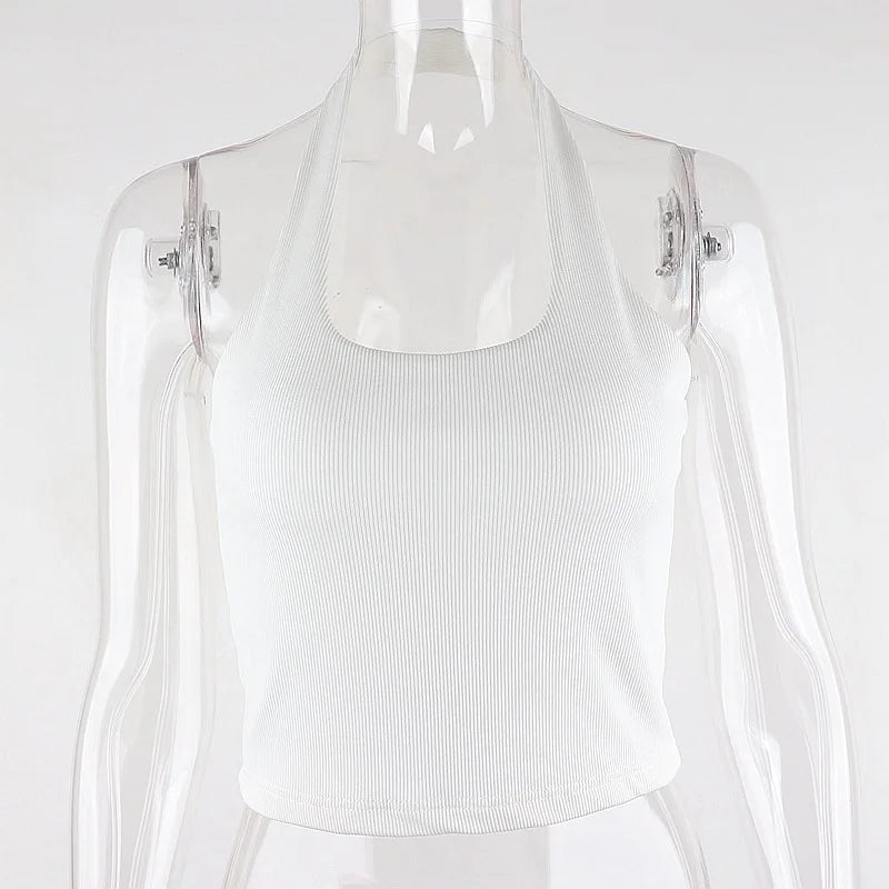 White Halter Sexy Backless Tank Tops for Women Streetwear 2024 Sleeveless Ribbed Knit Vest Top Cropped Feminino