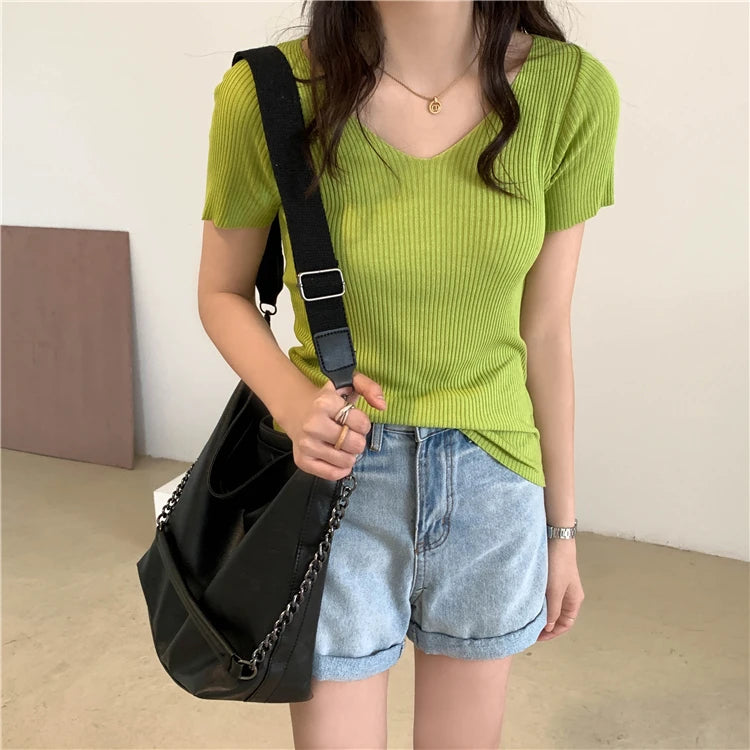 AOSSVIAO 2025 Basic V-neck Solid Thin Summer Pullover Women Female Knitted Ribbed Sweater Slim Short Sleeve Bodycon Sweater