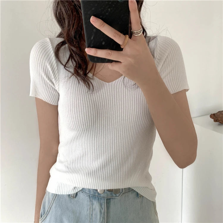 AOSSVIAO 2025 Basic V-neck Solid Thin Summer Pullover Women Female Knitted Ribbed Sweater Slim Short Sleeve Bodycon Sweater