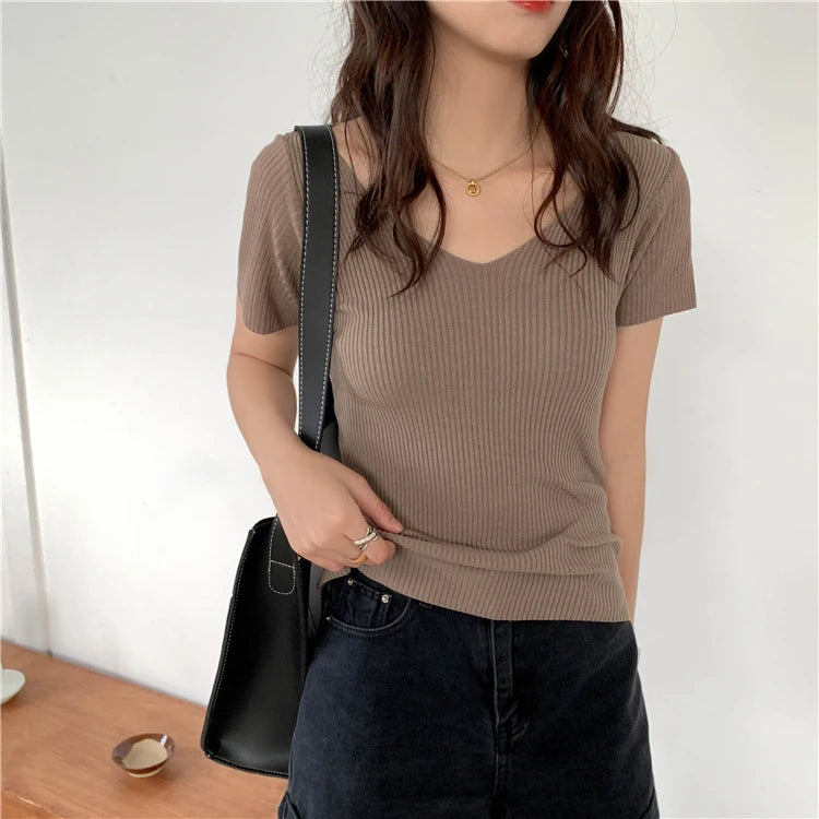 AOSSVIAO 2025 Basic V-neck Solid Thin Summer Pullover Women Female Knitted Ribbed Sweater Slim Short Sleeve Bodycon Sweater