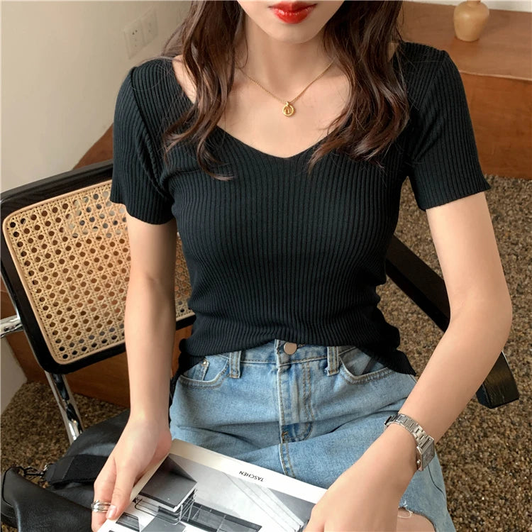 AOSSVIAO 2025 Basic V-neck Solid Thin Summer Pullover Women Female Knitted Ribbed Sweater Slim Short Sleeve Bodycon Sweater