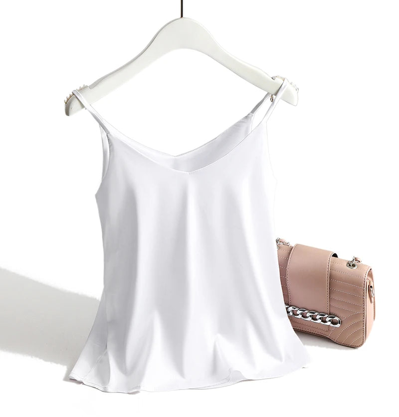 AOSSVIAO 2025 Spaghetti Strap Top Women Halter V Neck Basic White Cami Sleeveless Satin Silk Tank Tops Women'S Summer Camisole