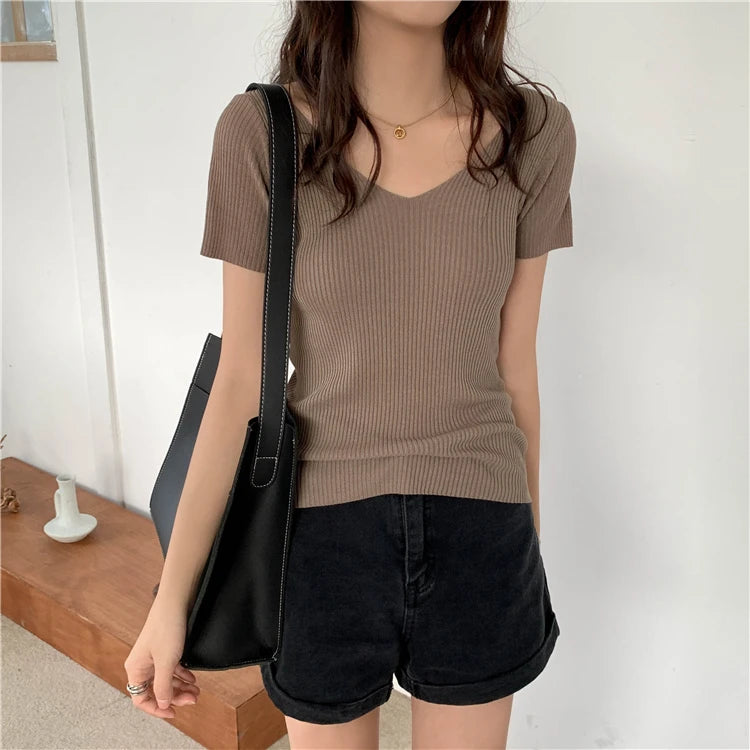 AOSSVIAO 2025 Basic V-neck Solid Thin Summer Pullover Women Female Knitted Ribbed Sweater Slim Short Sleeve Bodycon Sweater