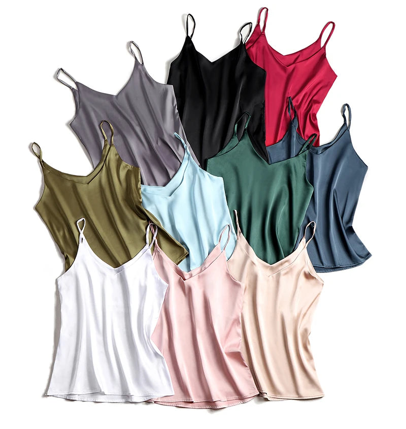 AOSSVIAO 2025 Spaghetti Strap Top Women Halter V Neck Basic White Cami Sleeveless Satin Silk Tank Tops Women'S Summer Camisole