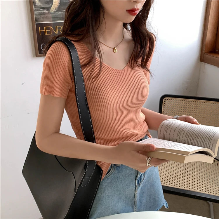 AOSSVIAO 2025 Basic V-neck Solid Thin Summer Pullover Women Female Knitted Ribbed Sweater Slim Short Sleeve Bodycon Sweater