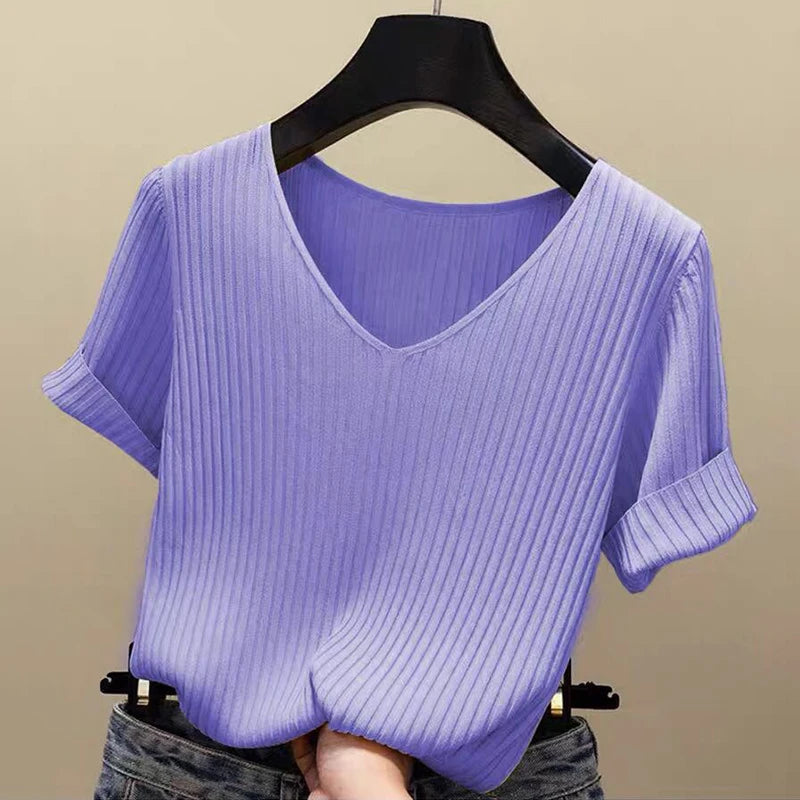 Knitted short sleeve Women V-Neck T Shirts 2025 Blue Slim Black thin knit Orange Tops Ladies Summer Camiseta Summer T shirts