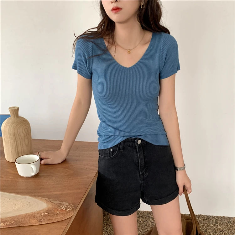 AOSSVIAO 2025 Basic V-neck Solid Thin Summer Pullover Women Female Knitted Ribbed Sweater Slim Short Sleeve Bodycon Sweater