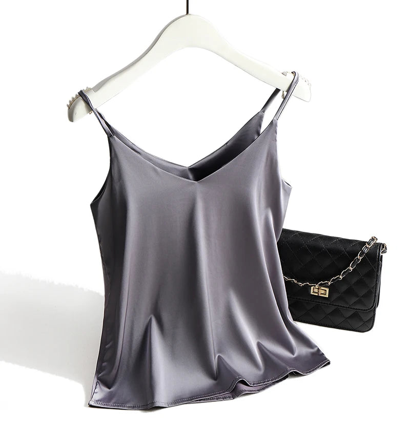 AOSSVIAO 2025 Spaghetti Strap Top Women Halter V Neck Basic White Cami Sleeveless Satin Silk Tank Tops Women'S Summer Camisole