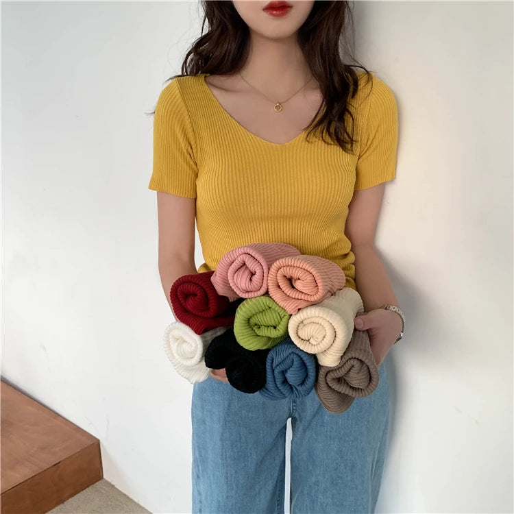 AOSSVIAO 2025 Basic V-neck Solid Thin Summer Pullover Women Female Knitted Ribbed Sweater Slim Short Sleeve Bodycon Sweater