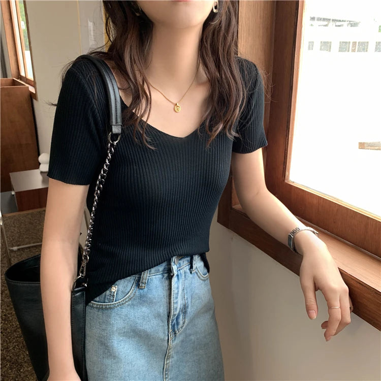 AOSSVIAO 2025 Basic V-neck Solid Thin Summer Pullover Women Female Knitted Ribbed Sweater Slim Short Sleeve Bodycon Sweater