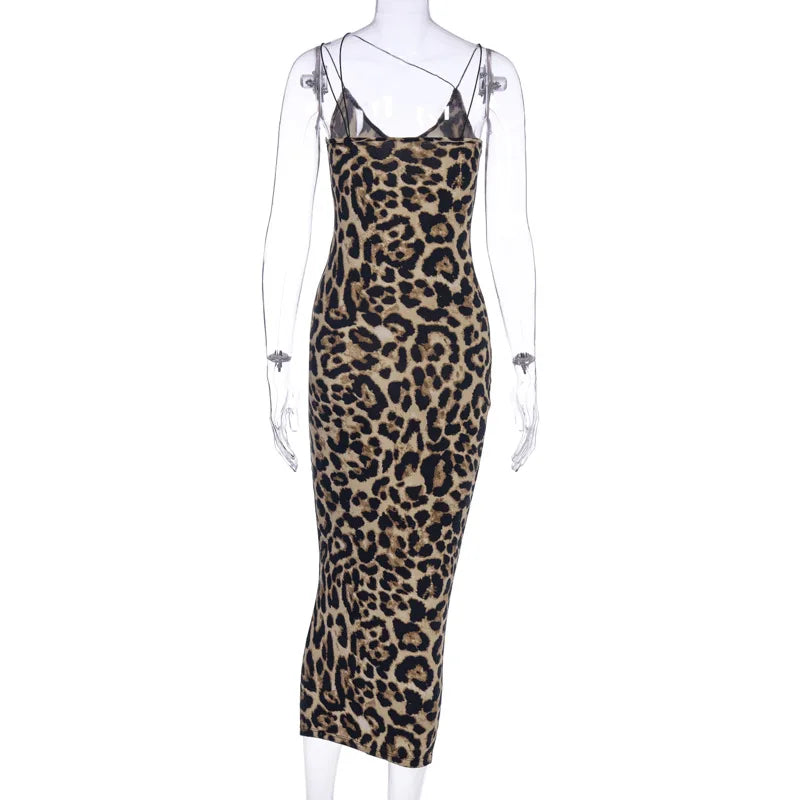 leopard print sleeveless V-neck sexy midi dress spring women fashion streetwear Christmas party outfits