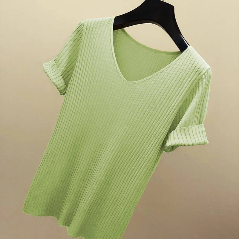 Knitted short sleeve Women V-Neck T Shirts 2025 Blue Slim Black thin knit Orange Tops Ladies Summer Camiseta Summer T shirts