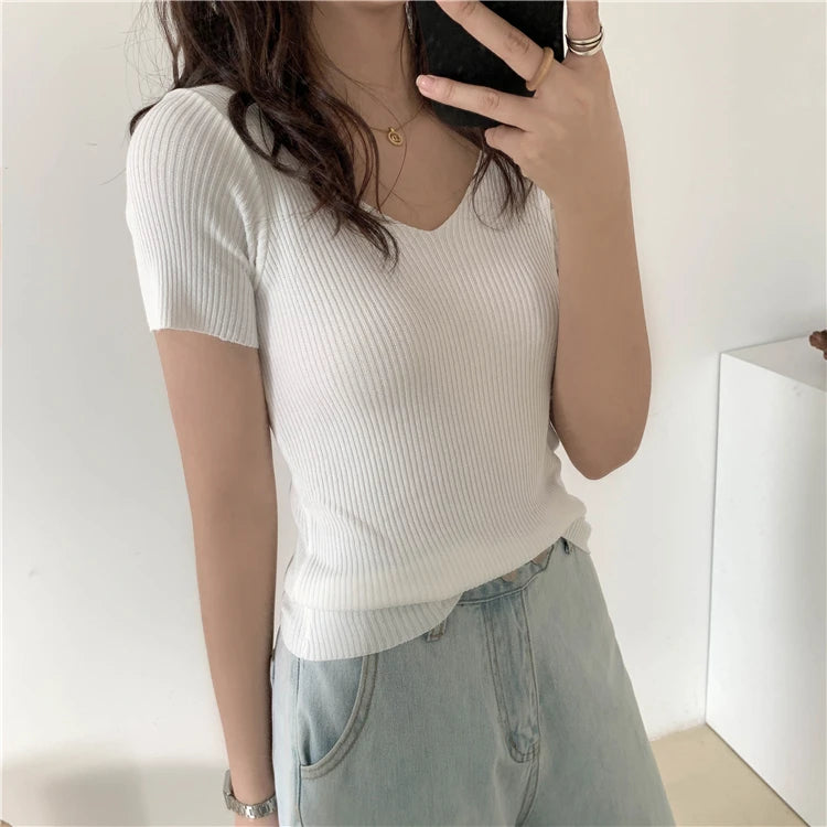 AOSSVIAO 2025 Basic V-neck Solid Thin Summer Pullover Women Female Knitted Ribbed Sweater Slim Short Sleeve Bodycon Sweater
