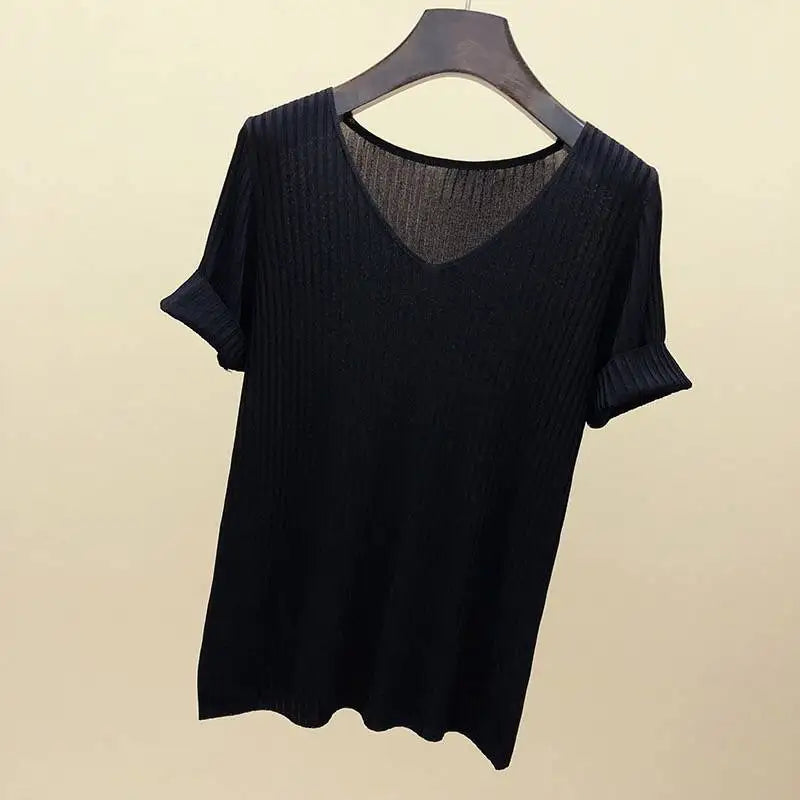 Knitted short sleeve Women V-Neck T Shirts 2025 Blue Slim Black thin knit Orange Tops Ladies Summer Camiseta Summer T shirts