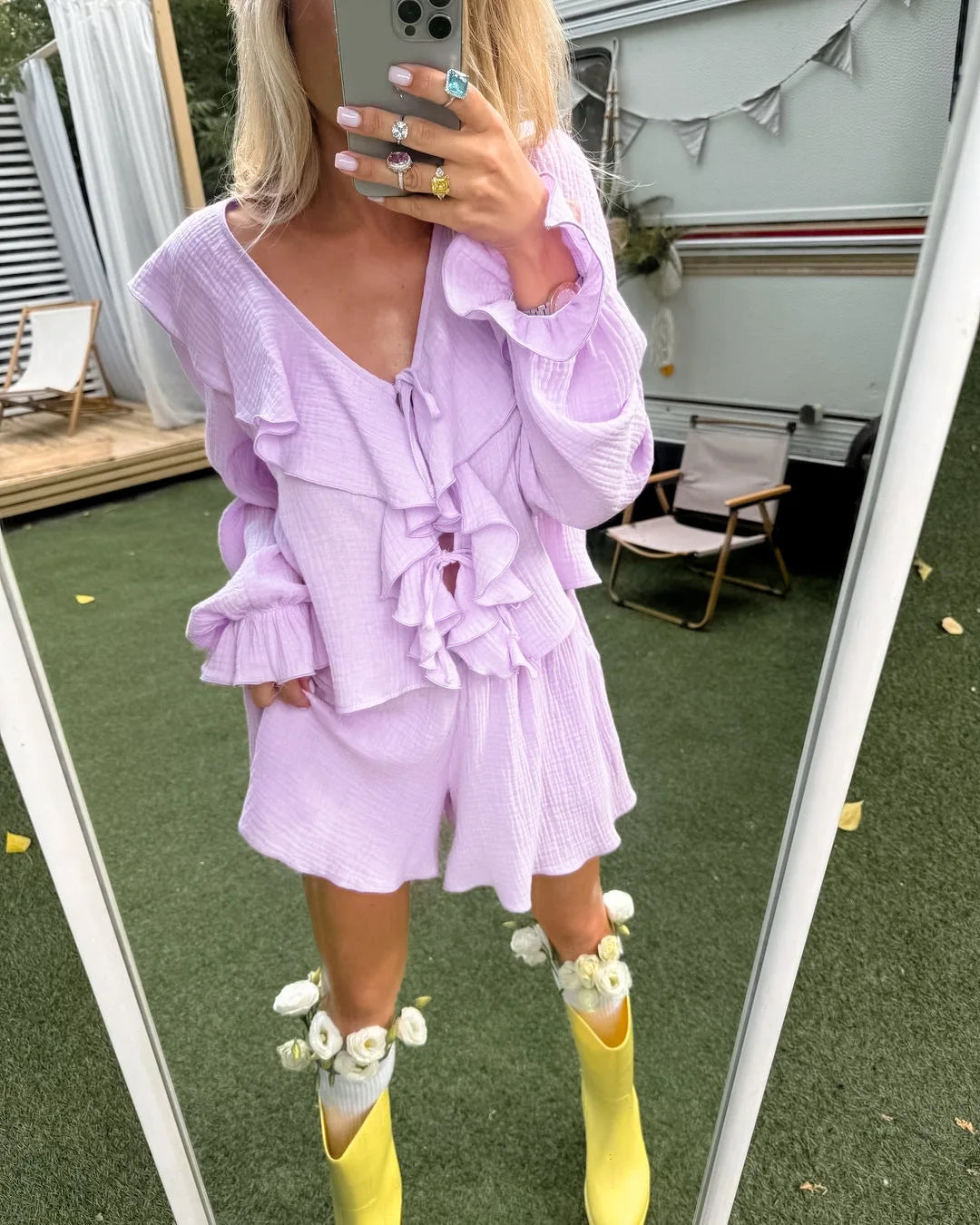 Spring Fashion New Lady V Neck Lace up Hollow Out Female Casual Ruffles loungewear custom blouse shirt and Shorts Sets for women
