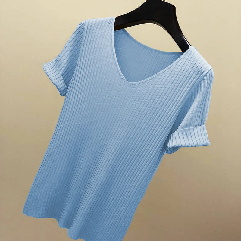 Knitted short sleeve Women V-Neck T Shirts 2025 Blue Slim Black thin knit Orange Tops Ladies Summer Camiseta Summer T shirts