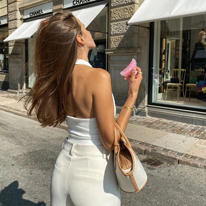 White Halter Sexy Backless Tank Tops for Women Streetwear 2024 Sleeveless Ribbed Knit Vest Top Cropped Feminino