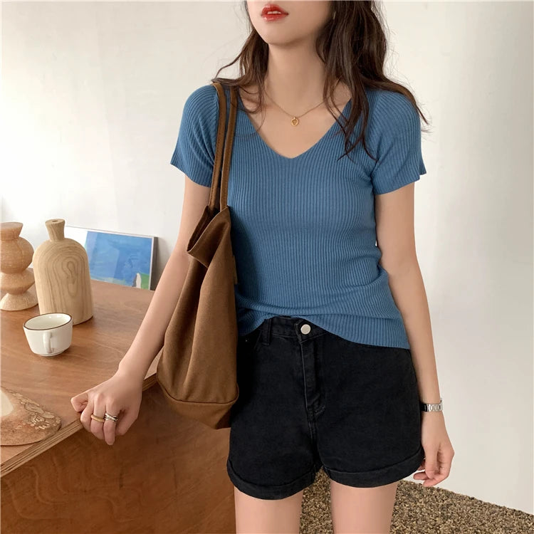 AOSSVIAO 2025 Basic V-neck Solid Thin Summer Pullover Women Female Knitted Ribbed Sweater Slim Short Sleeve Bodycon Sweater