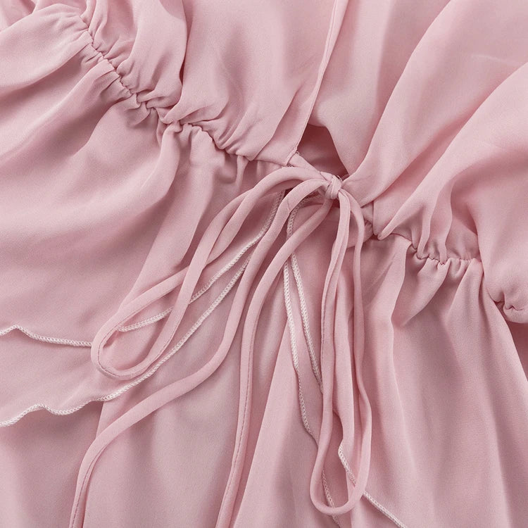Lace-Up Ruffle Trendy 2025 Elegant Ladies Casual Fashionable Clothing Pink Summer Blouse Femme Women Tops And Blouses