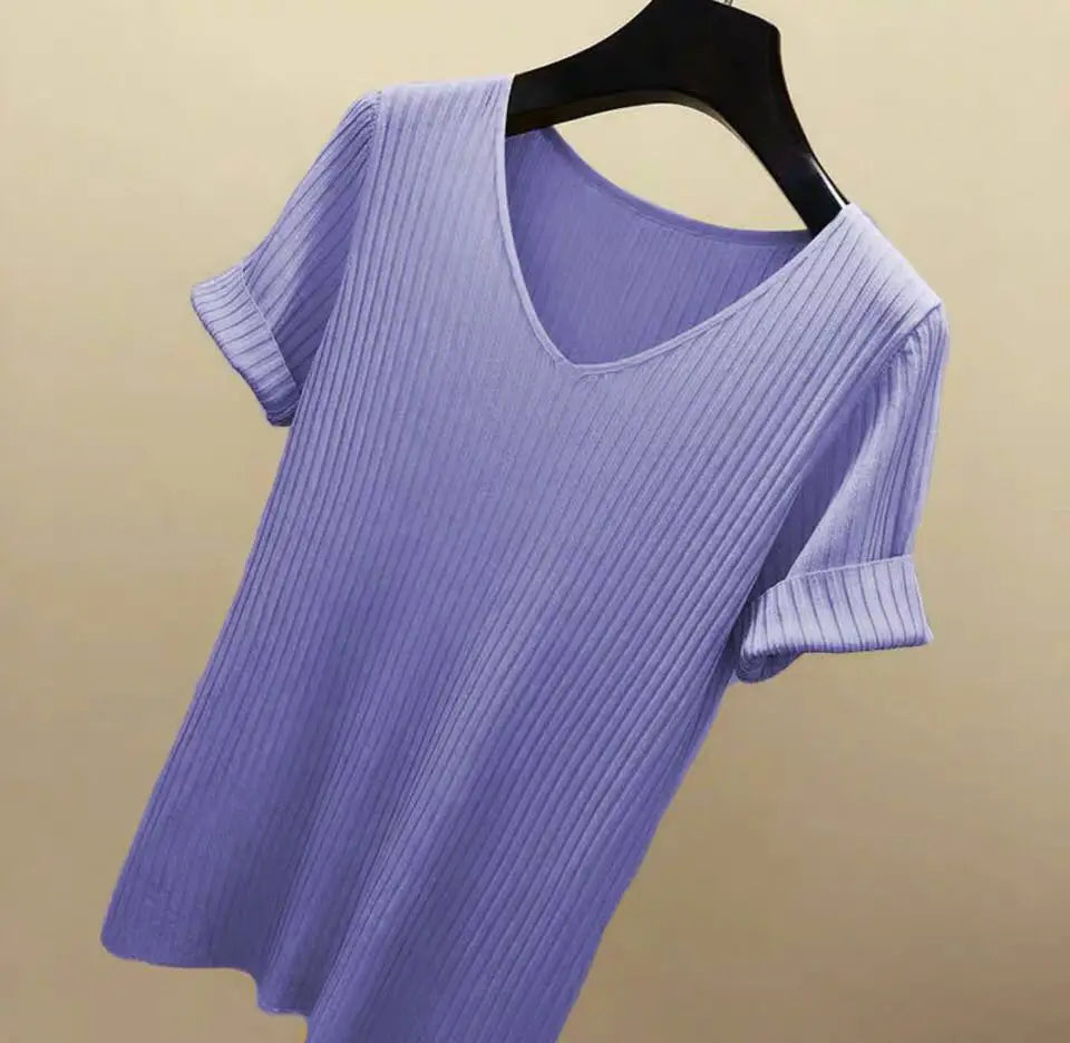 Knitted short sleeve Women V-Neck T Shirts 2025 Blue Slim Black thin knit Orange Tops Ladies Summer Camiseta Summer T shirts