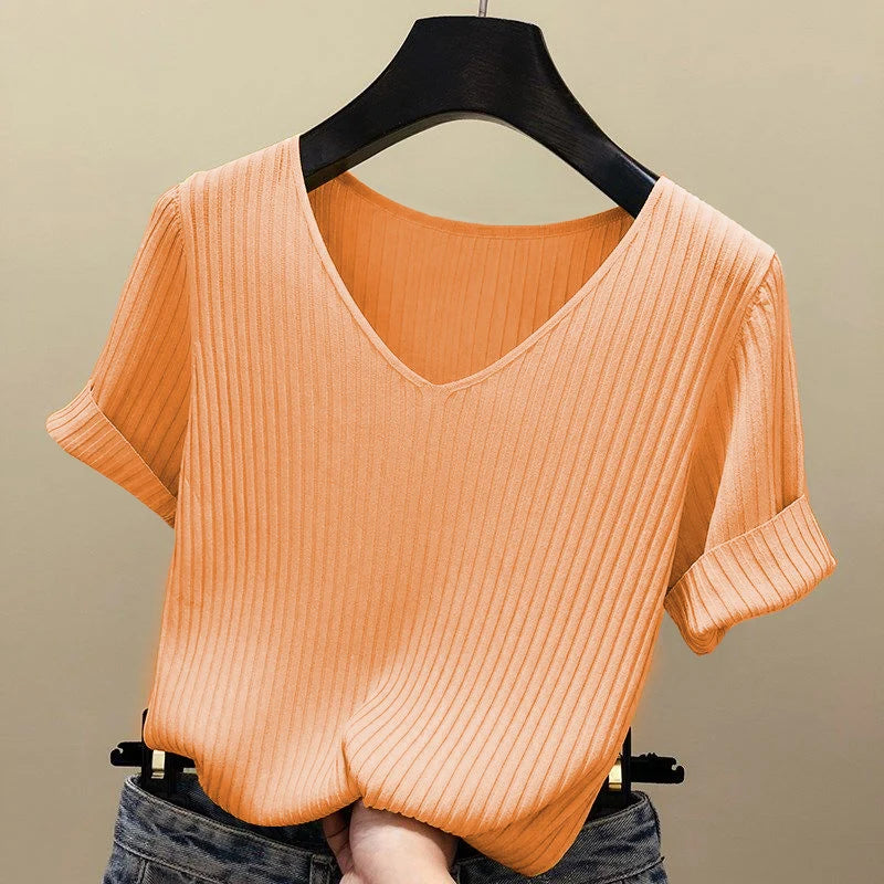 Knitted short sleeve Women V-Neck T Shirts 2025 Blue Slim Black thin knit Orange Tops Ladies Summer Camiseta Summer T shirts