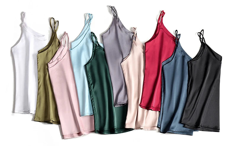 AOSSVIAO 2025 Spaghetti Strap Top Women Halter V Neck Basic White Cami Sleeveless Satin Silk Tank Tops Women'S Summer Camisole