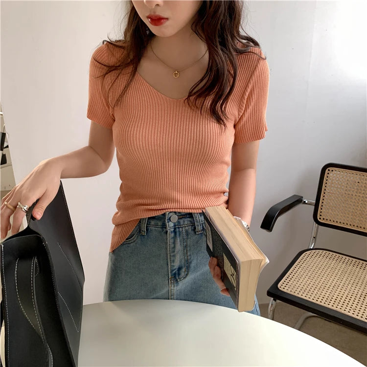 AOSSVIAO 2025 Basic V-neck Solid Thin Summer Pullover Women Female Knitted Ribbed Sweater Slim Short Sleeve Bodycon Sweater