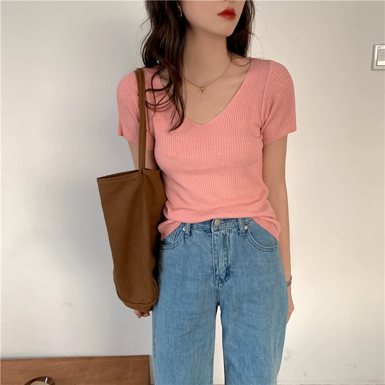 AOSSVIAO 2025 Basic V-neck Solid Thin Summer Pullover Women Female Knitted Ribbed Sweater Slim Short Sleeve Bodycon Sweater