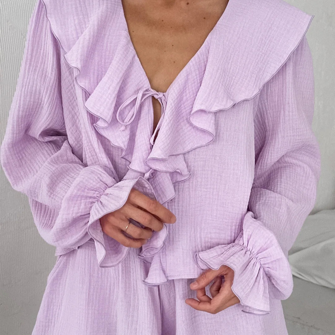 Spring Fashion New Lady V Neck Lace up Hollow Out Female Casual Ruffles loungewear custom blouse shirt and Shorts Sets for women