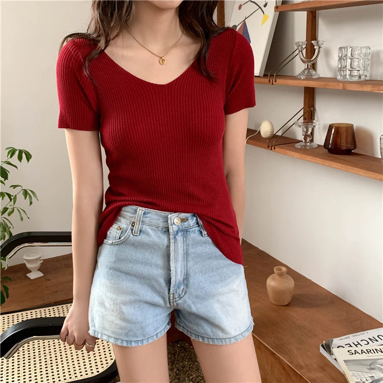 AOSSVIAO 2025 Basic V-neck Solid Thin Summer Pullover Women Female Knitted Ribbed Sweater Slim Short Sleeve Bodycon Sweater