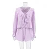 Spring Fashion New Lady V Neck Lace up Hollow Out Female Casual Ruffles loungewear custom blouse shirt and Shorts Sets for women
