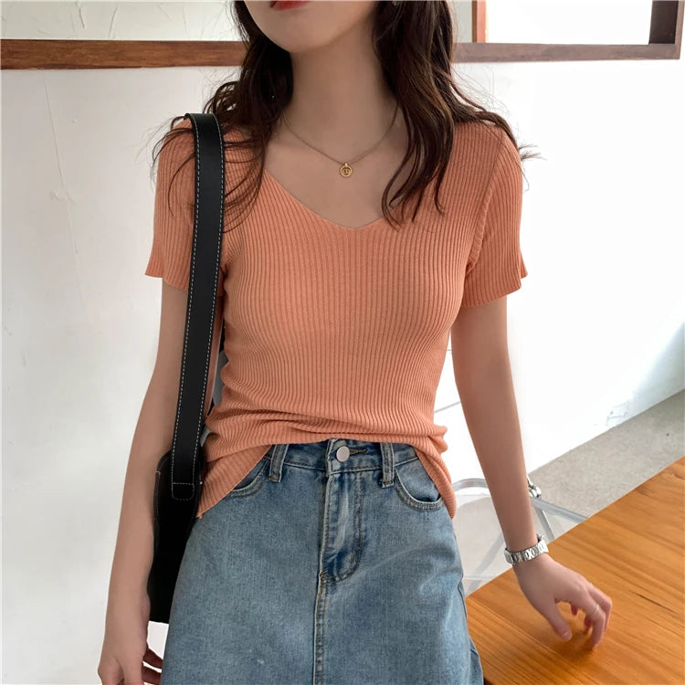 AOSSVIAO 2025 Basic V-neck Solid Thin Summer Pullover Women Female Knitted Ribbed Sweater Slim Short Sleeve Bodycon Sweater