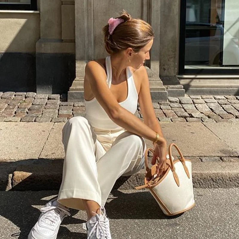White Halter Sexy Backless Tank Tops for Women Streetwear 2024 Sleeveless Ribbed Knit Vest Top Cropped Feminino