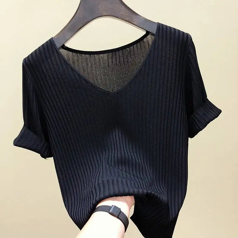 Knitted short sleeve Women V-Neck T Shirts 2025 Blue Slim Black thin knit Orange Tops Ladies Summer Camiseta Summer T shirts