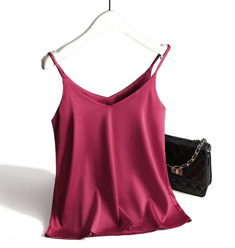 AOSSVIAO 2025 Spaghetti Strap Top Women Halter V Neck Basic White Cami Sleeveless Satin Silk Tank Tops Women'S Summer Camisole