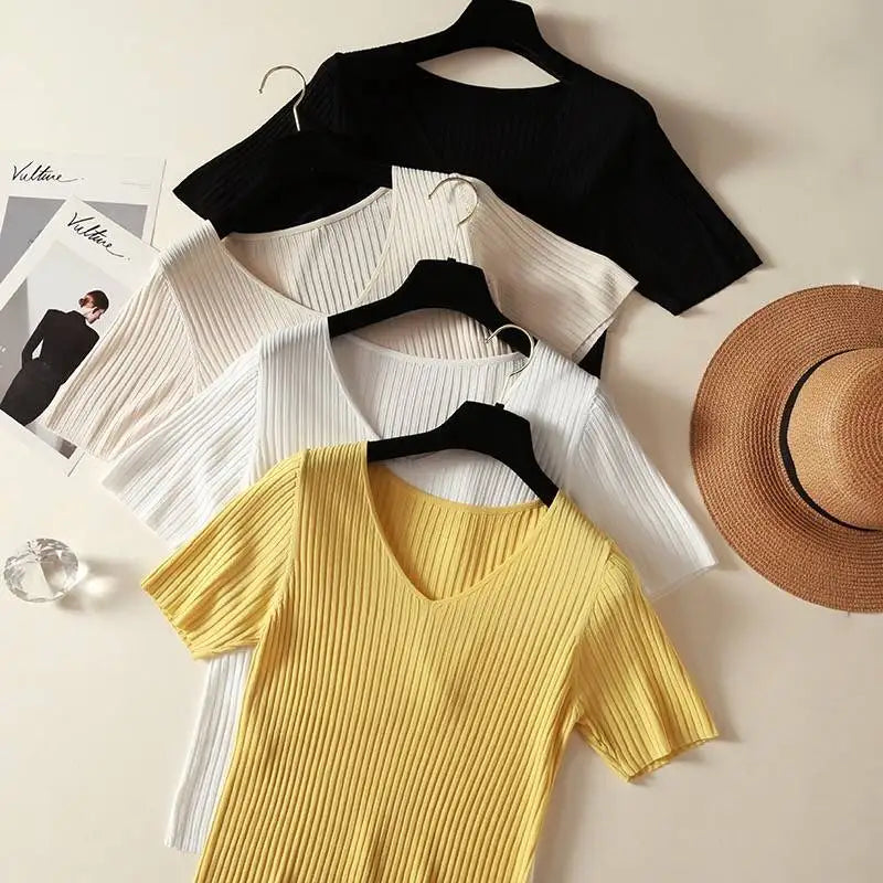 Knitted short sleeve Women V-Neck T Shirts 2025 Blue Slim Black thin knit Orange Tops Ladies Summer Camiseta Summer T shirts