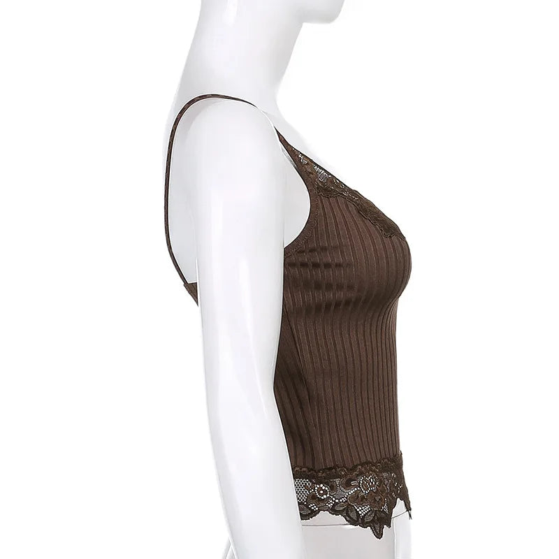 Gothic Basic Bodycon Women Camis Grunge Punk Black Casual Lace Trim Crop Tops Ribbed Backless Alt Clothes Summer